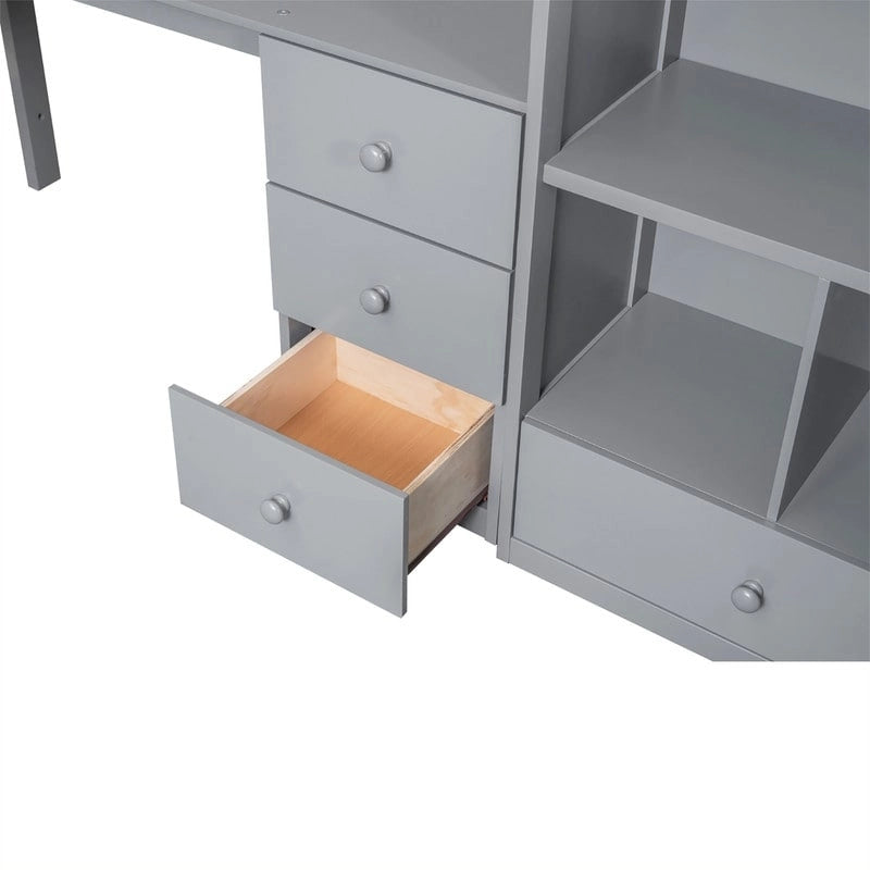 Cama alta multifuncional de madera, tamaño individual, con escritorio en forma de L y escalera de almacenamiento, estructura de cama alta con armario y cajones