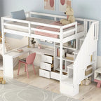 Cama alta multifuncional de madera, tamaño individual, con escritorio en forma de L y escalera de almacenamiento, estructura de cama alta con armario y cajones