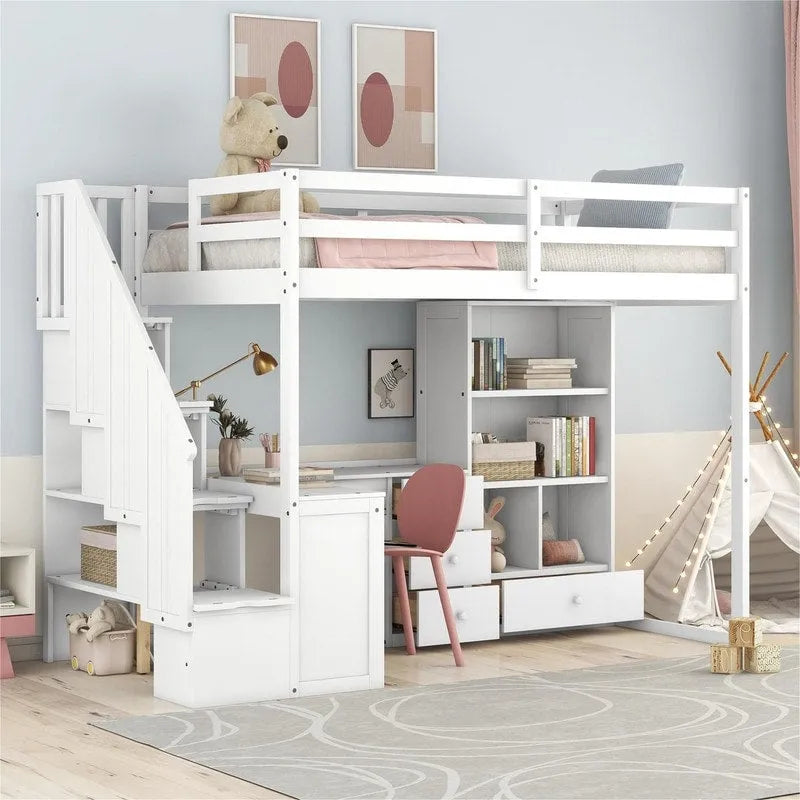 Cama alta multifuncional de madera, tamaño individual, con escritorio en forma de L y escalera de almacenamiento, estructura de cama alta con armario y cajones