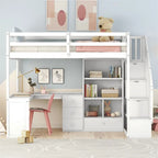 Cama alta multifuncional de madera, tamaño individual, con escritorio en forma de L y escalera de almacenamiento, estructura de cama alta con armario y cajones