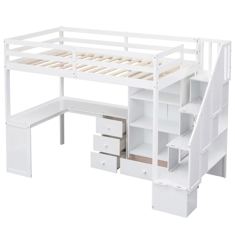 Cama alta multifuncional de madera, tamaño individual, con escritorio en forma de L y escalera de almacenamiento, estructura de cama alta con armario y cajones