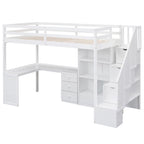 Cama alta multifuncional de madera, tamaño individual, con escritorio en forma de L y escalera de almacenamiento, estructura de cama alta con armario y cajones