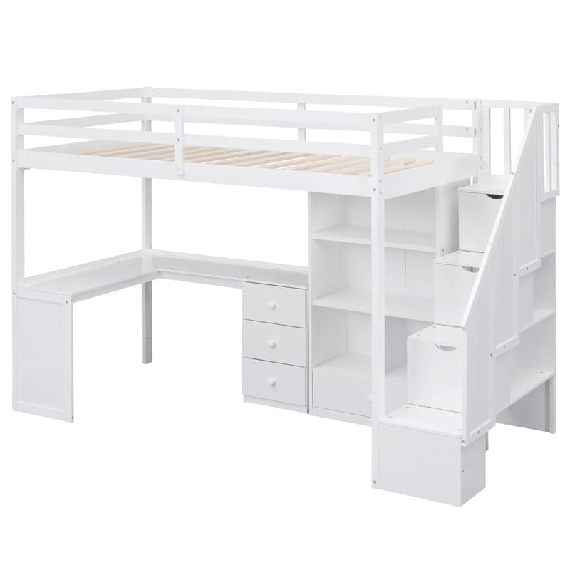 Cama alta multifuncional de madera, tamaño individual, con escritorio en forma de L y escalera de almacenamiento, estructura de cama alta con armario y cajones