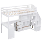 Cama alta multifuncional de madera, tamaño individual, con escritorio en forma de L y escalera de almacenamiento, estructura de cama alta con armario y cajones