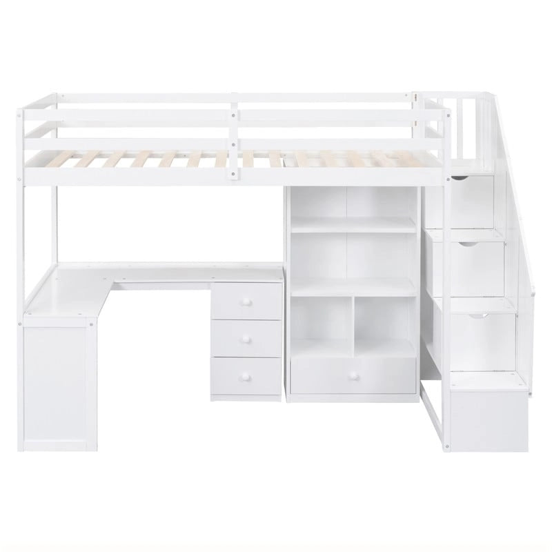 Cama alta multifuncional de madera, tamaño individual, con escritorio en forma de L y escalera de almacenamiento, estructura de cama alta con armario y cajones