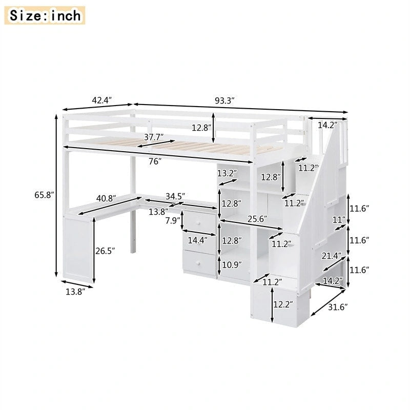 Cama alta multifuncional de madera, tamaño individual, con escritorio en forma de L y escalera de almacenamiento, estructura de cama alta con armario y cajones