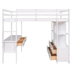 Cama alta de madera de tamaño completo con escritorio incorporado con dos cajones, y estantes y cajones de almacenamiento para niños