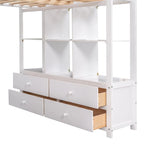 Cama alta de madera de tamaño completo con escritorio incorporado con dos cajones, y estantes y cajones de almacenamiento para niños