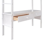 Cama alta de madera de tamaño completo con escritorio incorporado con dos cajones, y estantes y cajones de almacenamiento para niños