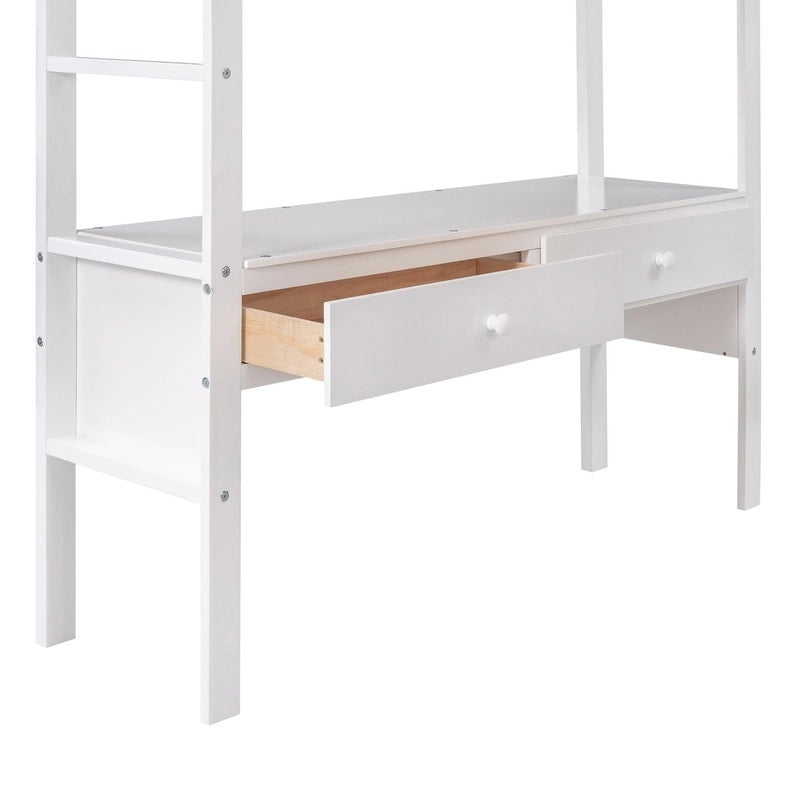 Cama alta de madera de tamaño completo con escritorio incorporado con dos cajones, y estantes y cajones de almacenamiento para niños