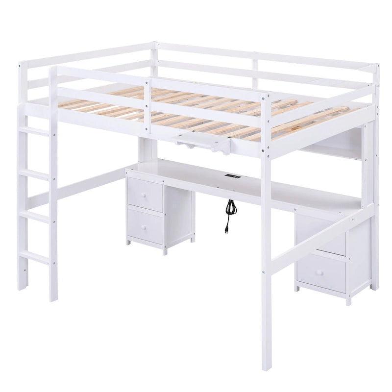 Cama alta de tamaño completo con escritorio, cajones y mesita de noche, estación de carga