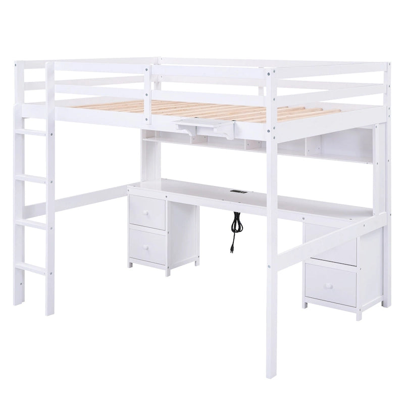 Cama alta de tamaño completo con escritorio, cajones y mesita de noche, estación de carga