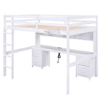 Cama alta de tamaño completo con escritorio, cajones y mesita de noche, estación de carga