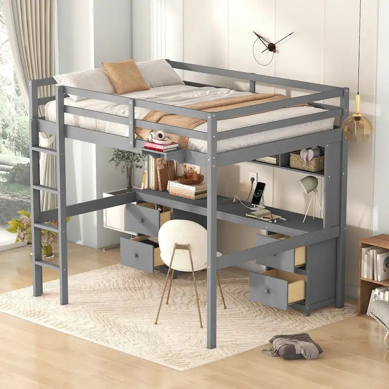 Cama alta de tamaño completo con escritorio, cajones y mesita de noche, estación de carga