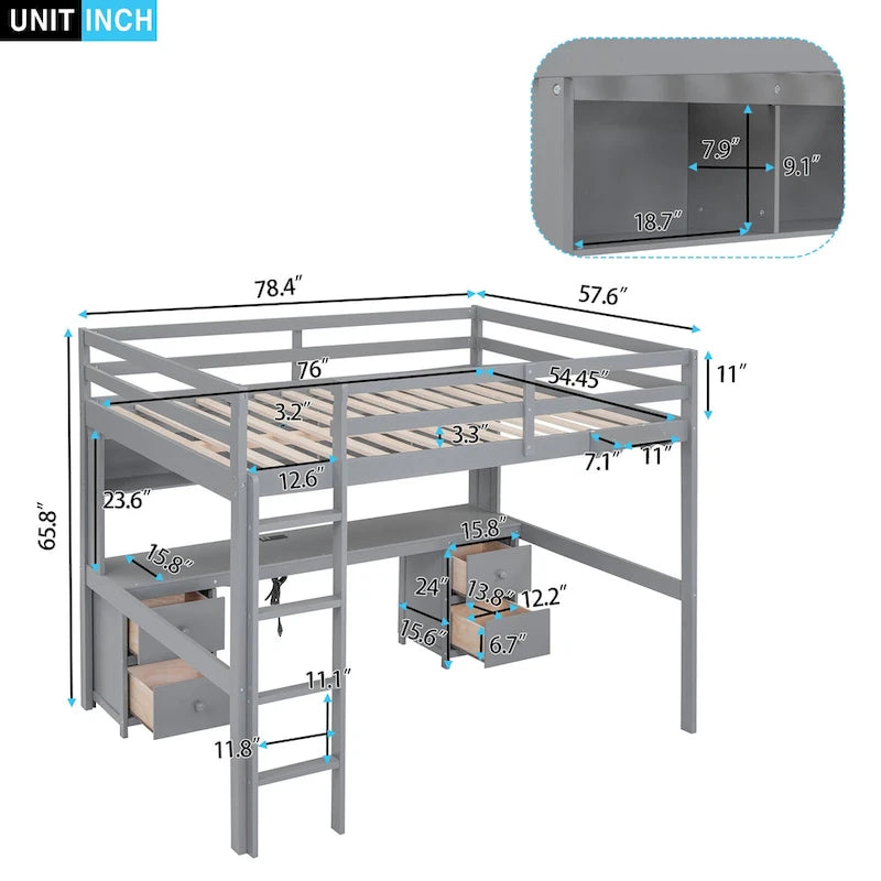 Cama alta de tamaño completo con escritorio, cajones y mesita de noche, estación de carga