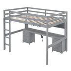 Cama alta de tamaño completo con escritorio, cajones y mesita de noche, estación de carga