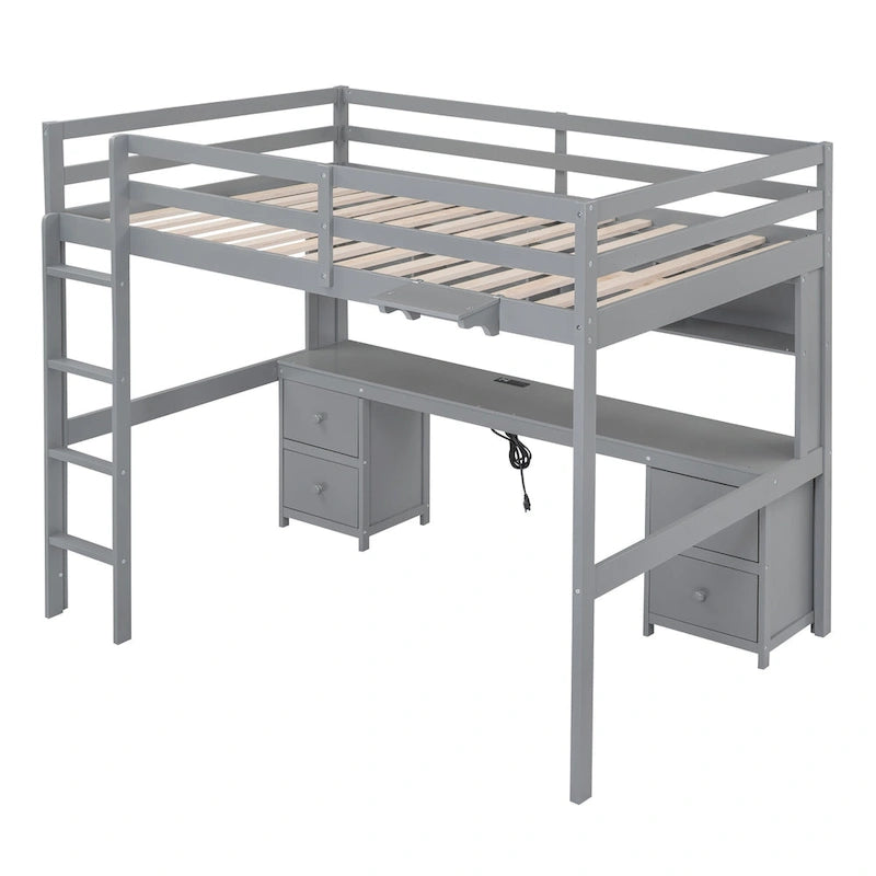 Cama alta de tamaño completo con escritorio, cajones y mesita de noche, estación de carga