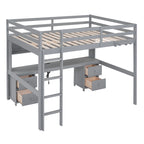 Cama alta de tamaño completo con escritorio, cajones y mesita de noche, estación de carga