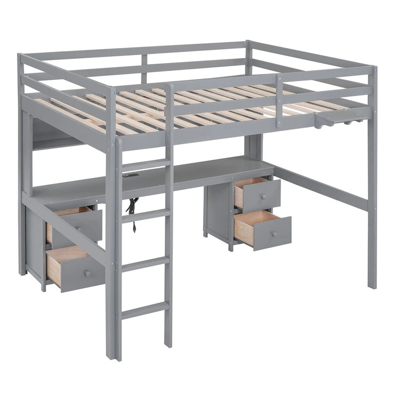 Cama alta de tamaño completo con escritorio, cajones y mesita de noche, estación de carga