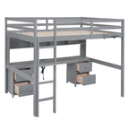 Cama alta de tamaño completo con escritorio, cajones y mesita de noche, estación de carga