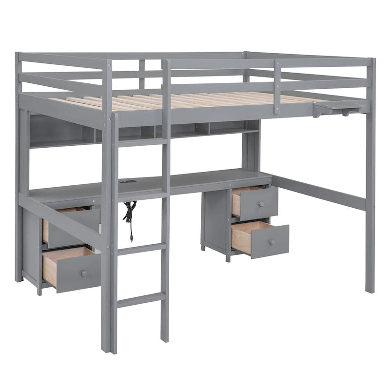 Cama alta de tamaño completo con escritorio, cajones y mesita de noche, estación de carga