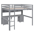 Cama alta de tamaño completo con escritorio, cajones y mesita de noche, estación de carga