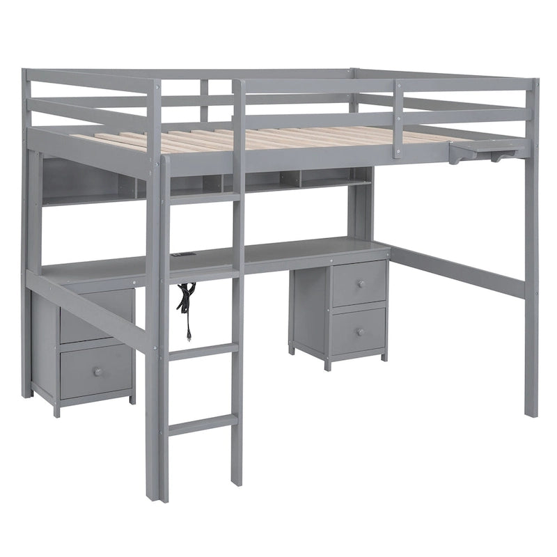 Cama alta de tamaño completo con escritorio, cajones y mesita de noche, estación de carga