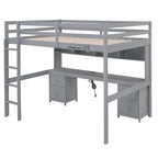 Cama alta de tamaño completo con escritorio, cajones y mesita de noche, estación de carga