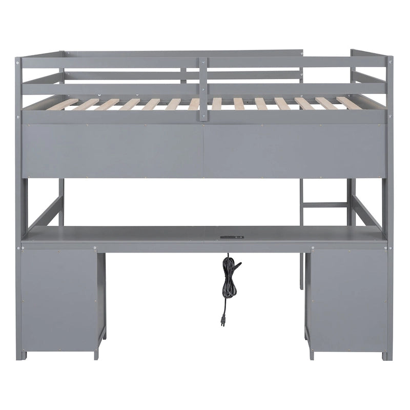 Cama alta de tamaño completo con escritorio, cajones y mesita de noche, estación de carga