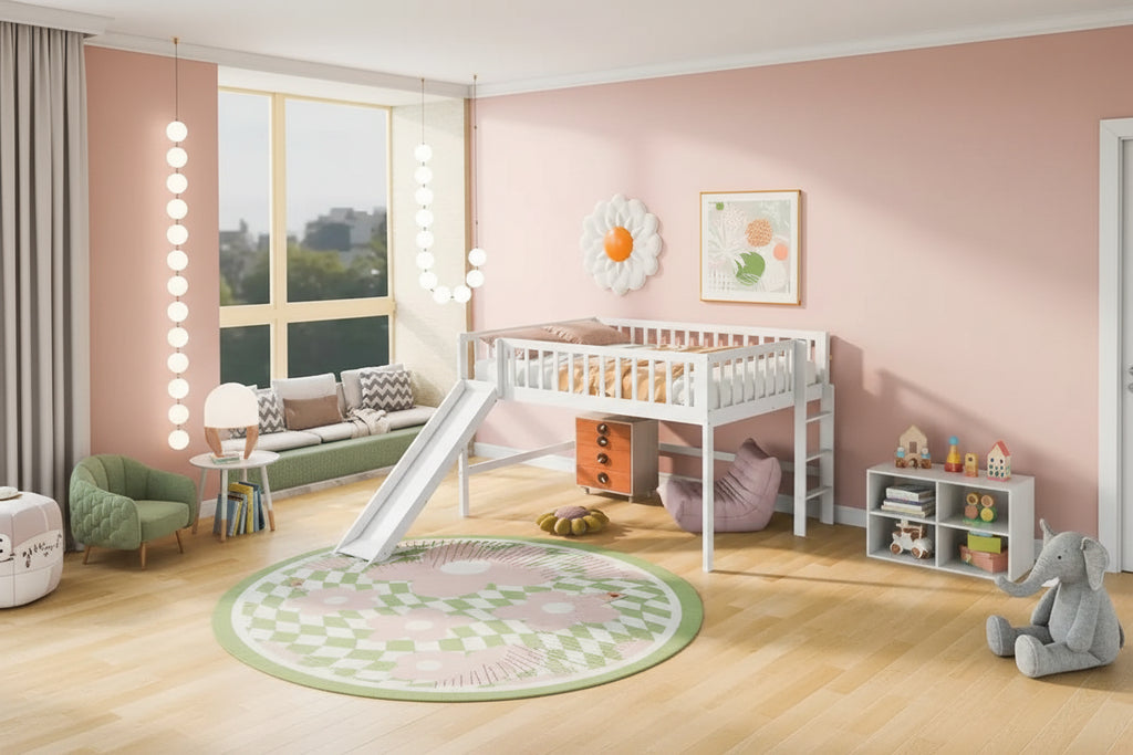 Full Size Low Loft Bed with Ladder and Slide
