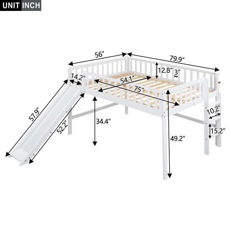 Cama baja tipo loft de tamaño completo con escalera y tobogán