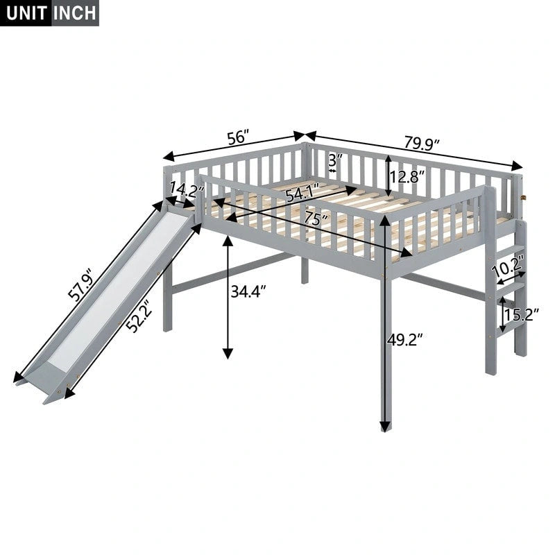 Cama baja tipo loft de tamaño completo con escalera y tobogán
