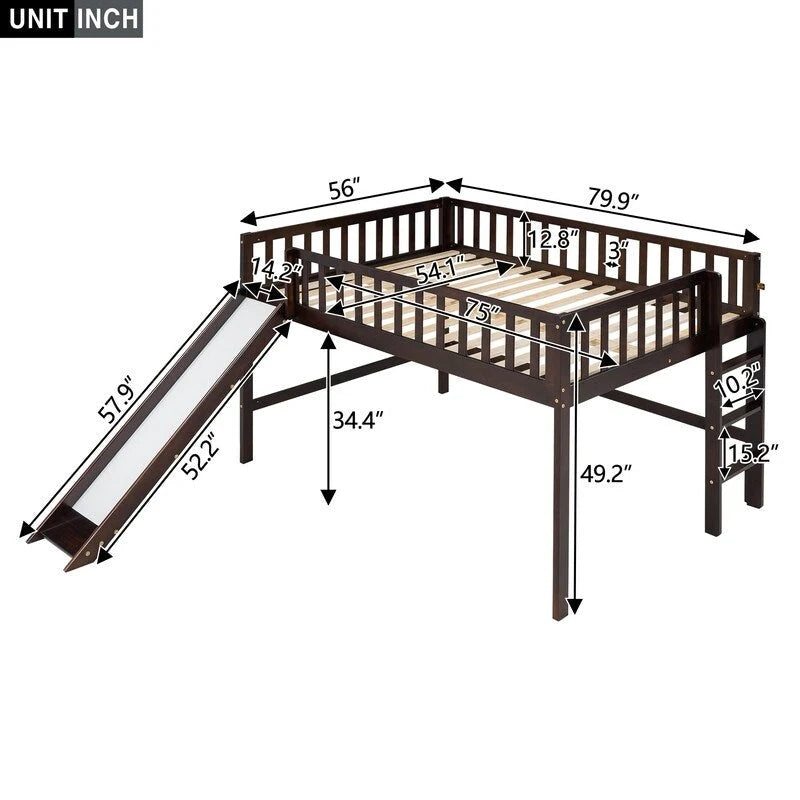 Cama baja tipo loft de tamaño completo con escalera y tobogán