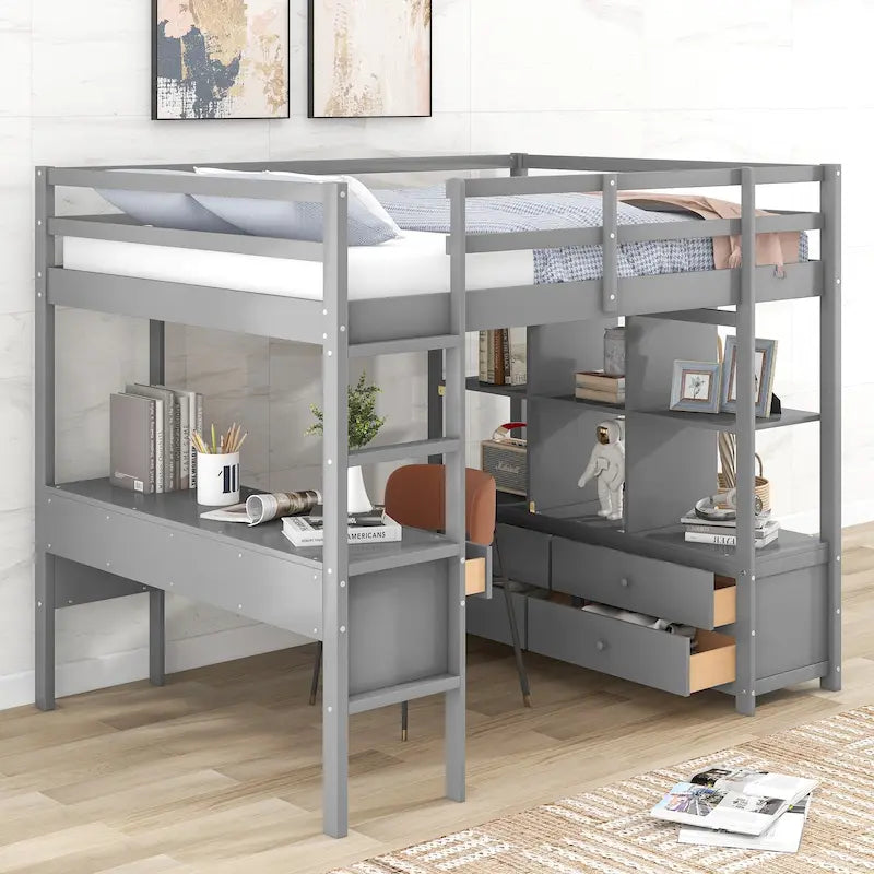 Cama alta de madera con escritorio integrado y dos cajones