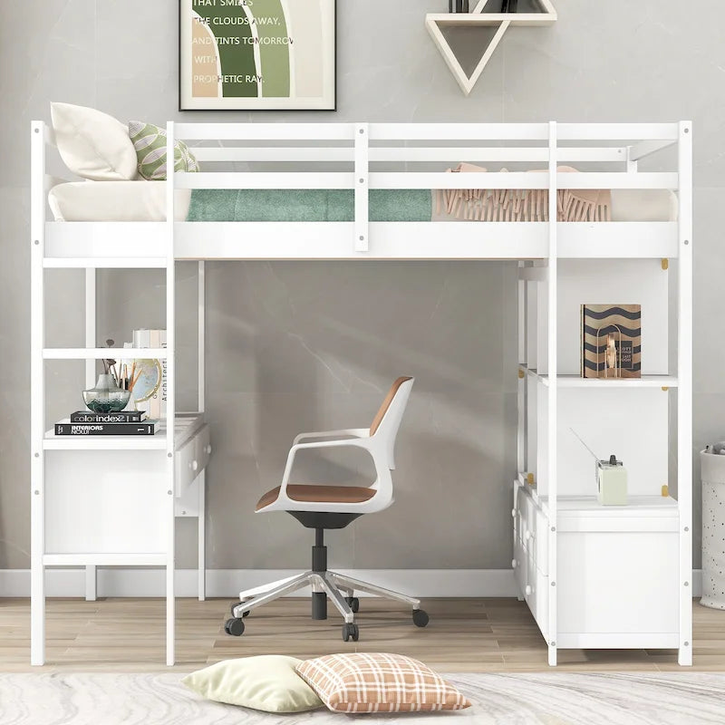 Cama alta de madera con escritorio integrado y dos cajones