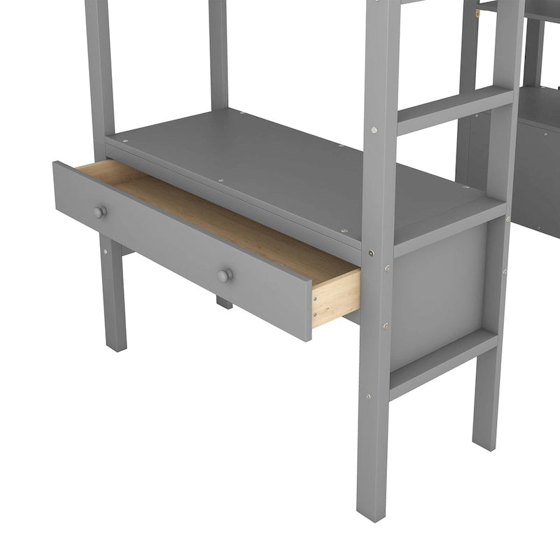 Cama alta de madera con escritorio integrado y dos cajones