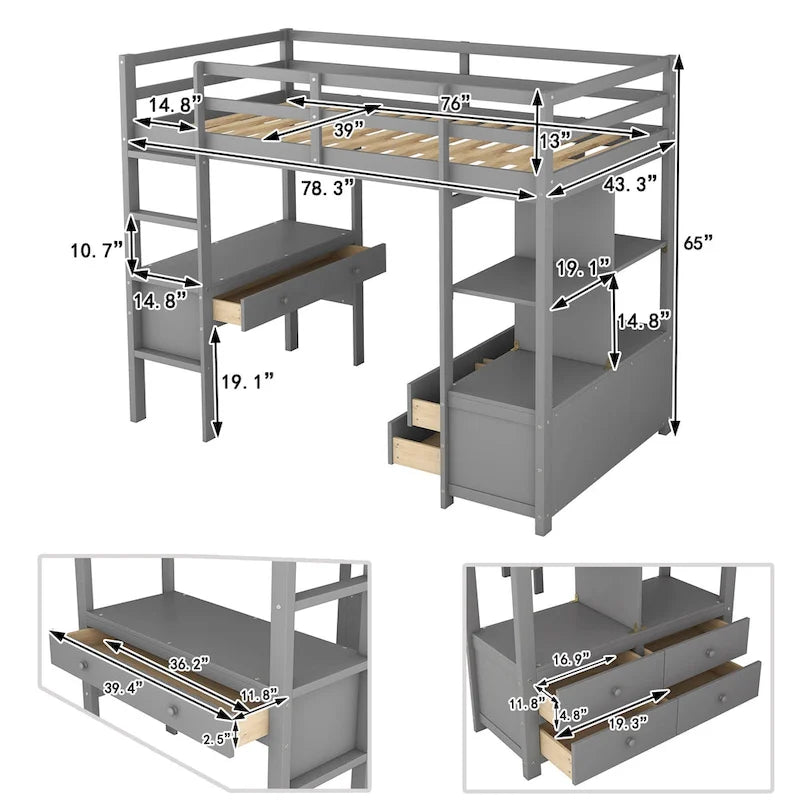 Cama alta de madera con escritorio integrado y dos cajones