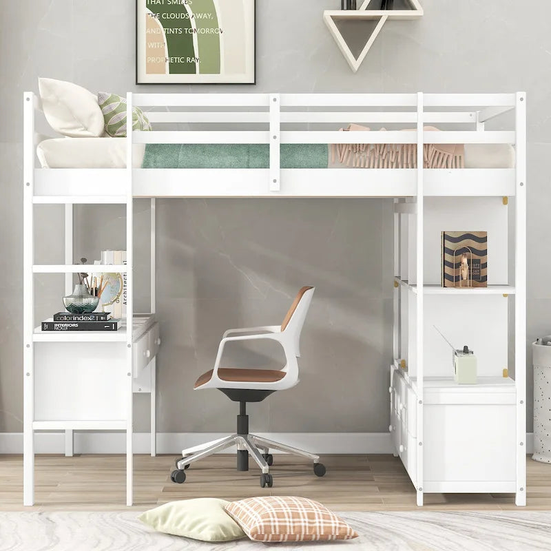 Cama alta de madera con escritorio integrado y dos cajones