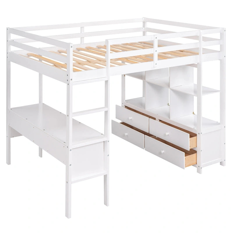 Cama alta de madera con escritorio integrado y dos cajones