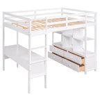 Cama alta de madera con escritorio integrado y dos cajones