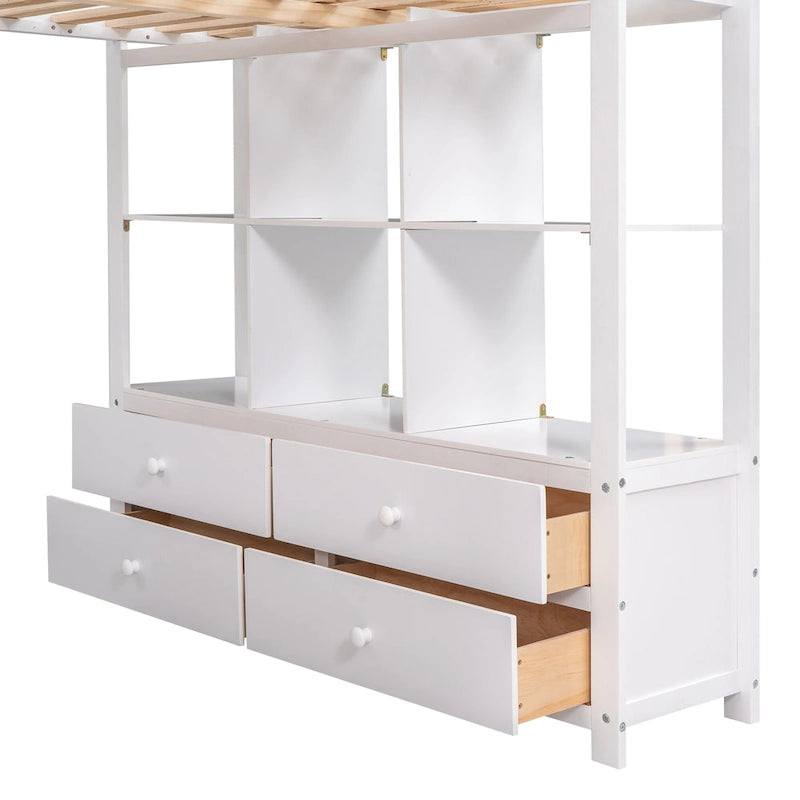 Cama alta de madera con escritorio integrado y dos cajones