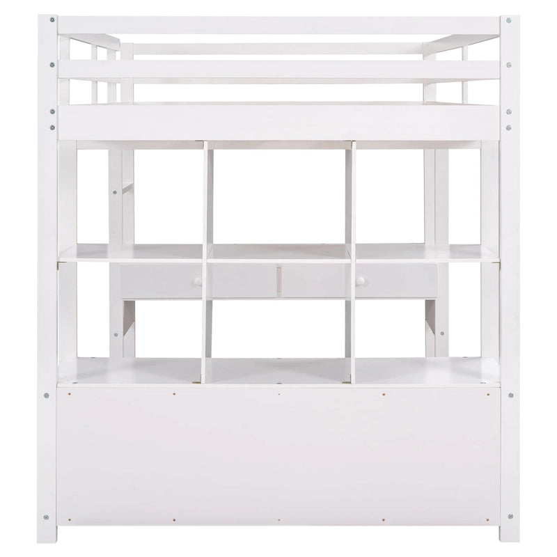 Cama alta de madera con escritorio integrado y dos cajones