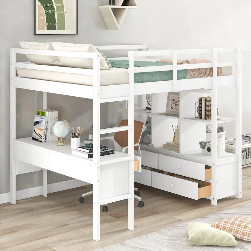 Cama alta de madera con escritorio integrado y dos cajones