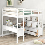 Cama alta de madera con escritorio integrado y dos cajones