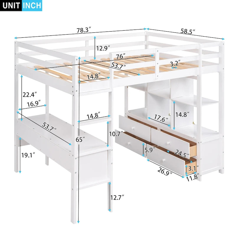 Cama alta de madera con escritorio integrado y dos cajones
