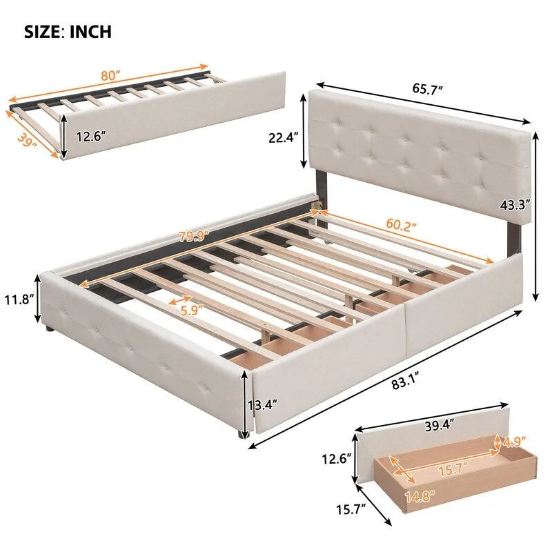 Cama Queen Size con 2 cajones de almacenaje y cama nido individual XL, estructura de cama queen tapizada con cabecero capitoné