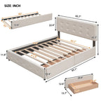 Cama Queen Size con 2 cajones de almacenaje y cama nido individual XL, estructura de cama queen tapizada con cabecero capitoné