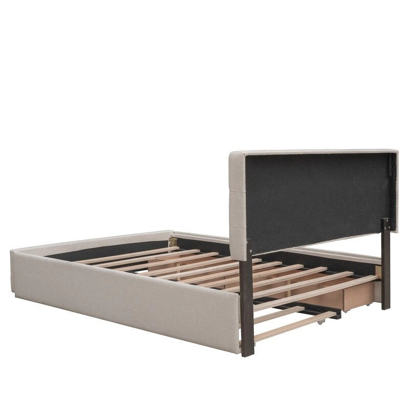 Cama Queen Size con 2 cajones de almacenaje y cama nido individual XL, estructura de cama queen tapizada con cabecero capitoné