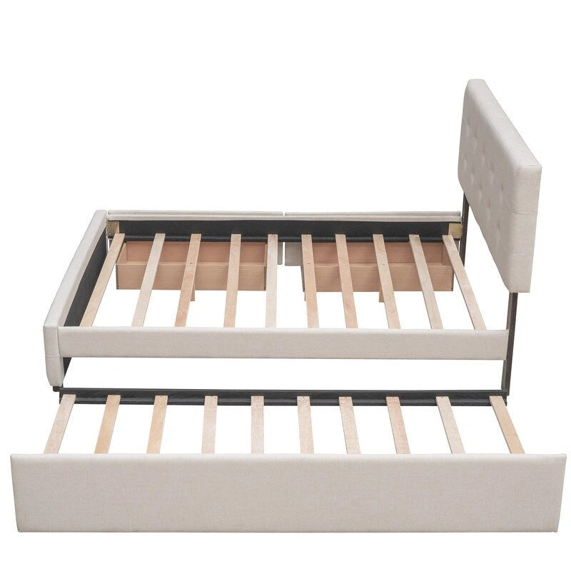 Cama Queen Size con 2 cajones de almacenaje y cama nido individual XL, estructura de cama queen tapizada con cabecero capitoné