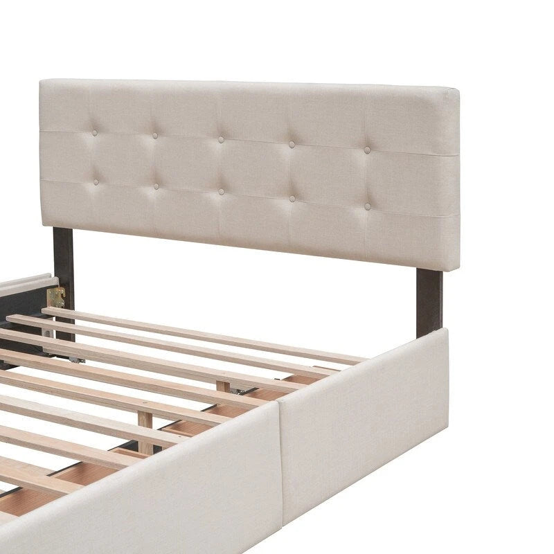 Cama Queen Size con 2 cajones de almacenaje y cama nido individual XL, estructura de cama queen tapizada con cabecero capitoné